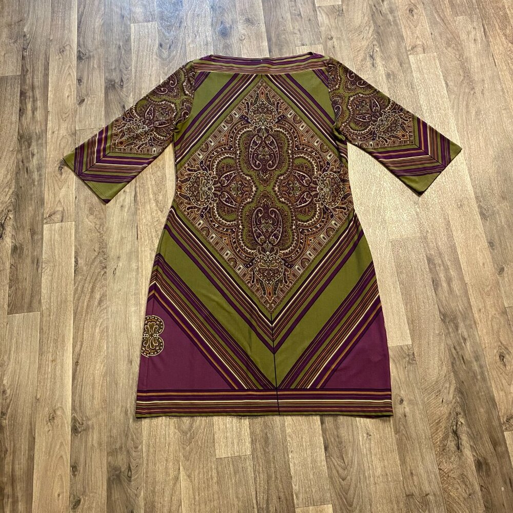 Ronni Nicole Green Purple Geometric Dress Size 12 Boat Neck 3/4 sleeves